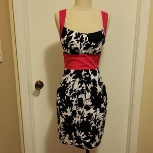 B. SMART White and Black Floral Dress With Pink Trim and Pockets